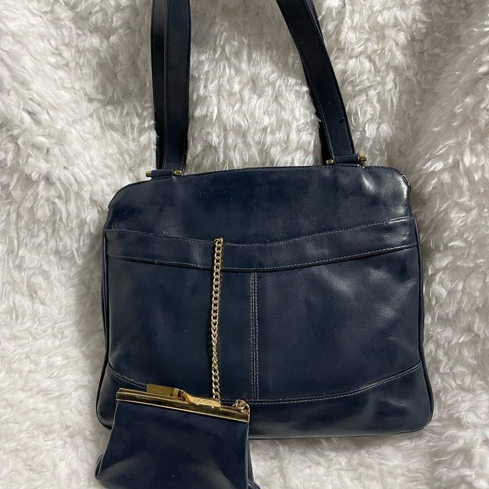 Vintage Lou Taylor leather navy Blue shoulder bag with coin purse& mirror